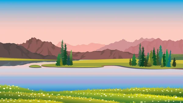 Ilustração Natureza Paisagem Vetorial Verão Com Floresta Verde Lago Calmo — Vetor de Stock