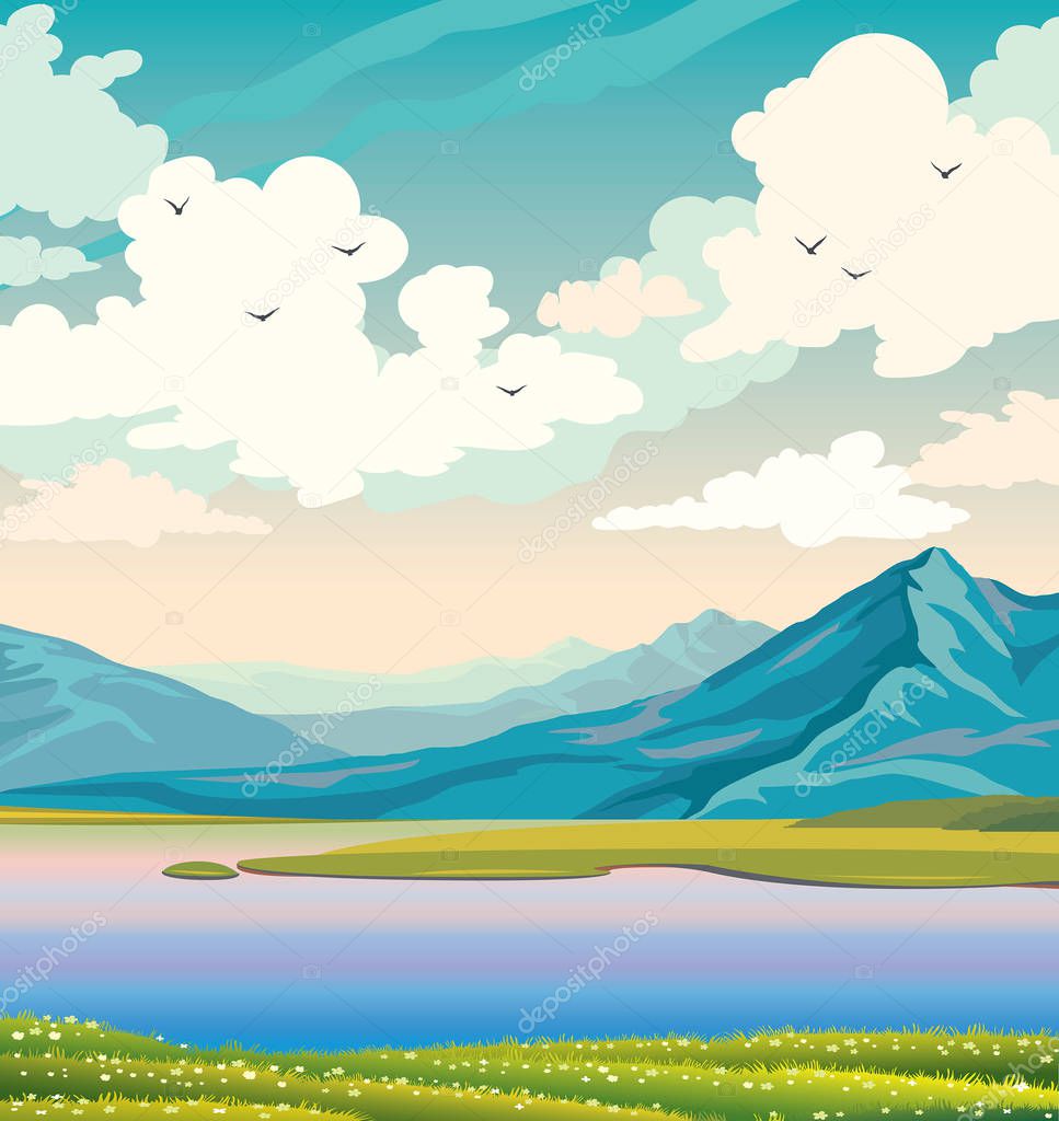 Spring morning landscape. Vector illustration with calm lake, blue mountains, green grass with blooming flowers and cloudy sunrise sky. Wild nature.