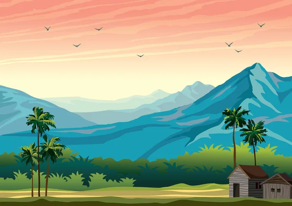 热带自然风景与棕榈树 小屋和蓝色山在日落天空背景 向量夏天例证 — 图库矢量图片