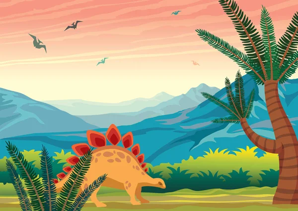 Brontosaurio Helecho Verde Paisaje Prehistórico Con Silueta Dinosaurios Montañas Azules — Vector de stock