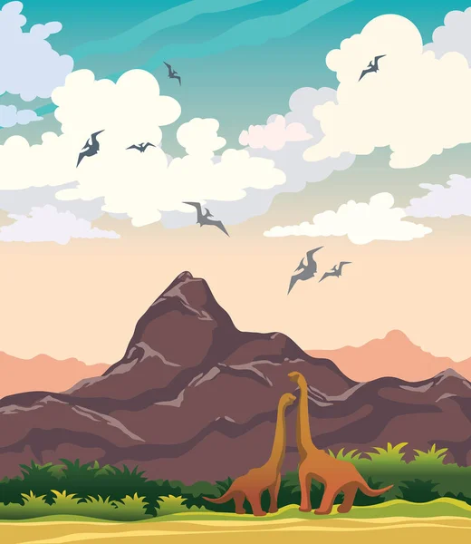 Dinosauri Montagne Piante Preistoriche Uno Sfondo Blu Cielo Nuvoloso Paesaggio — Vettoriale Stock