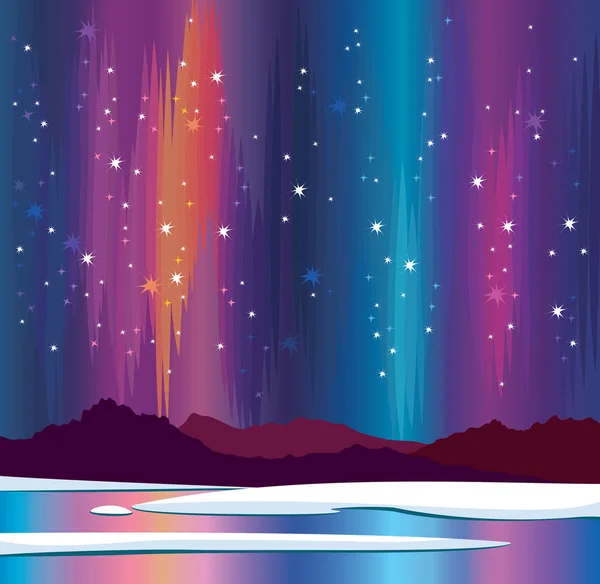夜空と凍った湖にオーロラと自然風景 冬のベクトル図 — ストックベクタ