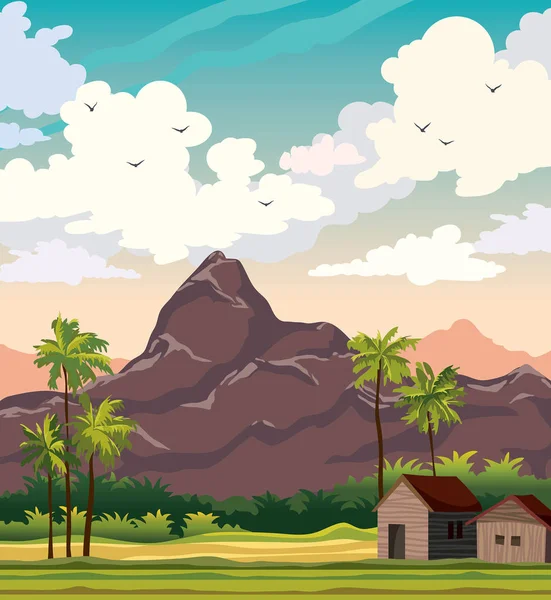 向量自然例证 热带景观与小屋 棕榈树和山在蓝色多云的天空 农村夏季形象 — 图库矢量图片
