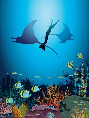 İki mantas, monofin ve mercan kayalığı ile balıkçı mavi deniz arka plan üzerinde freediver silüeti. Deniz yaşamı ile vektör çizim. Sualtı doğa görüntü.