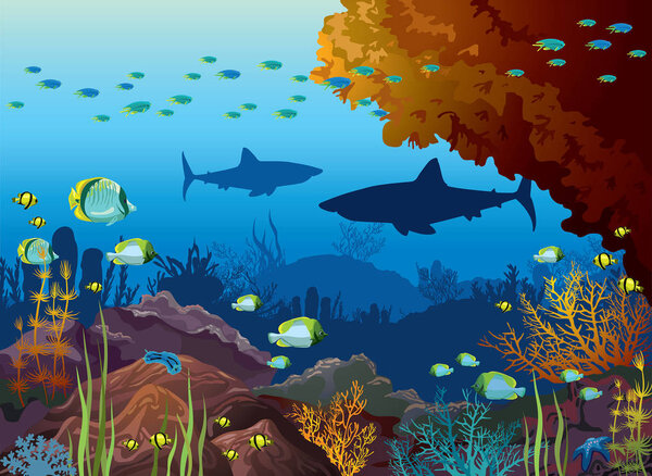 Underwater nature and marine wildlife. Silhouette of sharks, school of tropical fishes and coral reef on a blue sea background. Vector ocean illustration. 