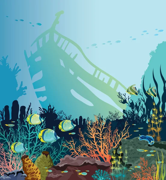 Naturaleza Submarina Con Arrecife Coral Escuela Peces Silueta Viejo Barco — Vector de stock