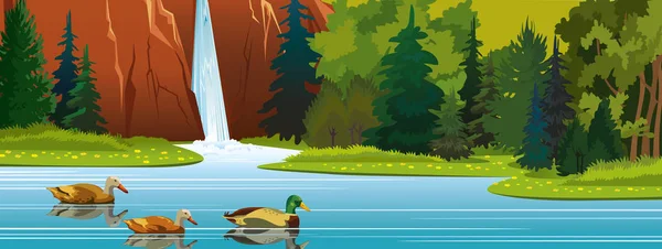 Ilustração Vetorial Verão Com Natureza Selvagem Patos Desenhos Animados Nadando — Vetor de Stock