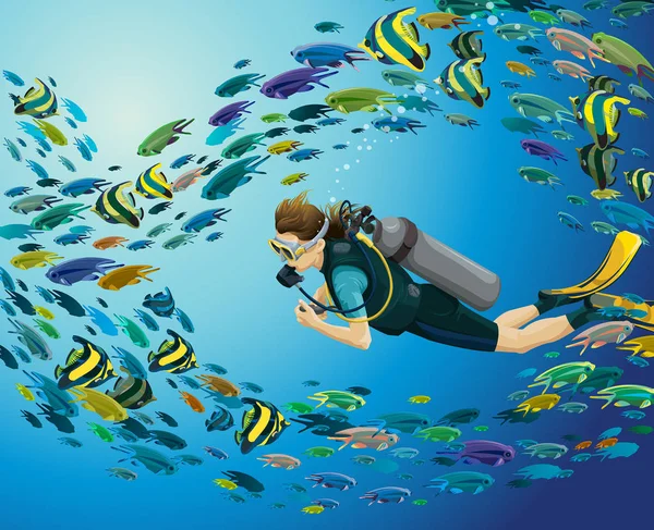 Unterwasser Illustration Mit Taucher Und Bunten Fischschwärmen Auf Blauem Meeresgrund — Stockvektor