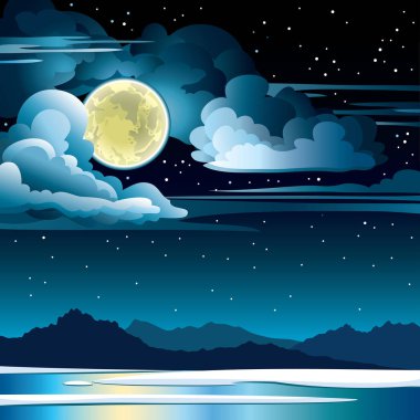 Dolunay ve bir yıldızlı gece gökyüzü ve dağlar silueti ile donmuş göl üzerinde bulutlar doğa manzara. Kış vektör çizim.