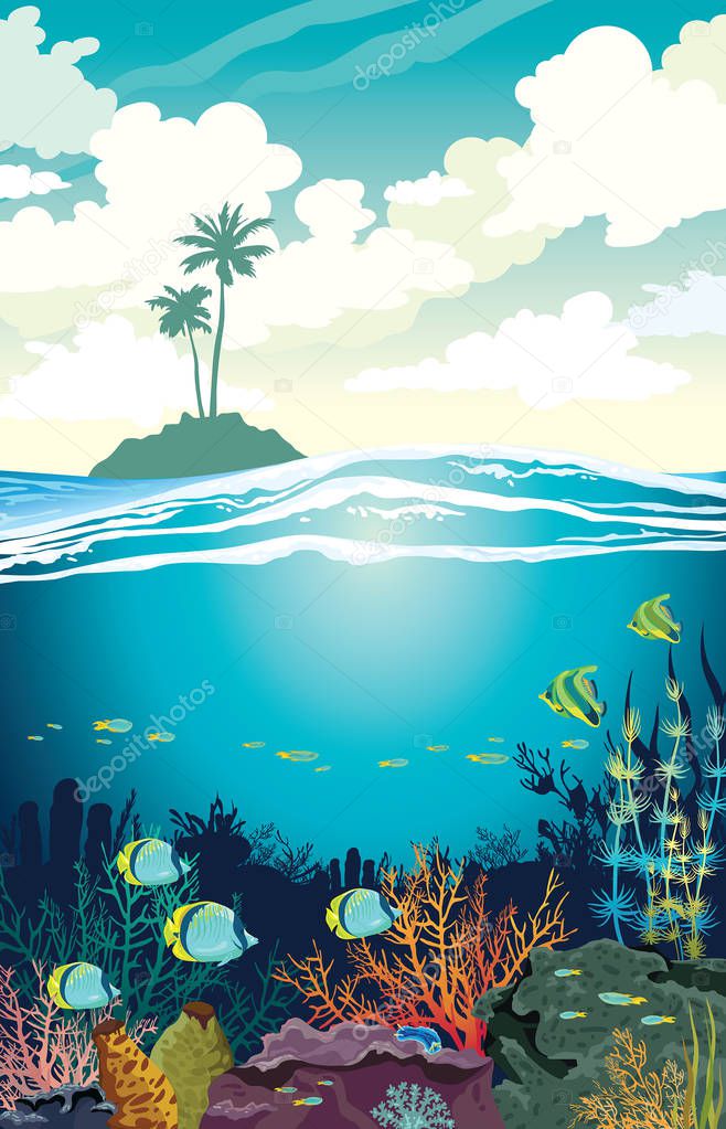 Beautiful coral reef with fishes and underwater creatures on a blue sea and silhouette of island with palm tree on a cloudy sky. Vector underwater seascape illustration. Ocean wildlife.