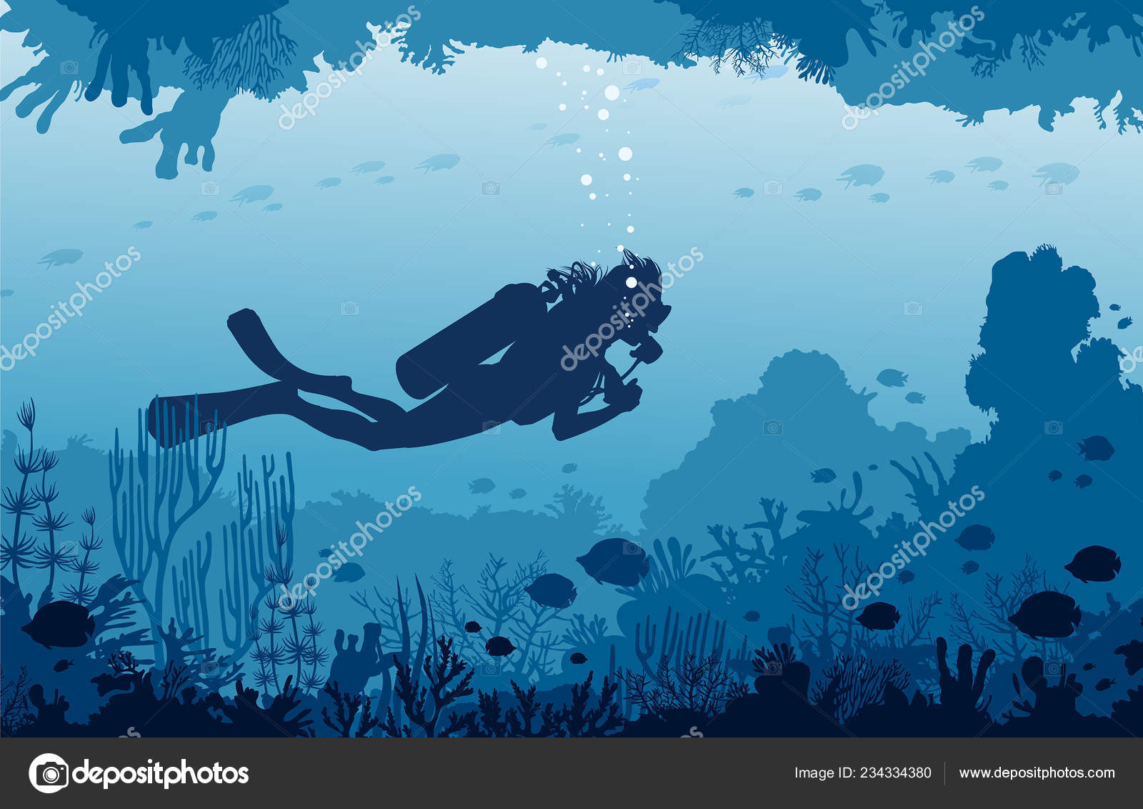 Vector Nature Illustration Underwater Marine Silhouette Scuba Diver Swims Stock Image by