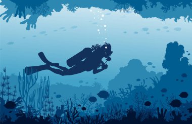 Vektör doğa illüstrasyon sualtı deniz yaban hayatı ile. Scuba diver silüeti sualtı mağara mercan ve tropikal balıklar yüzüyor. Su sporları.