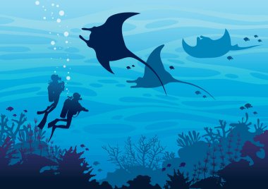 İki tüplü dalgıçlar silüeti ve üç mantas mercan yüzme resif ve balıklar mavi deniz okyanus üzerinde. Sualtı tropikal deniz yaban hayatı. Vektör deniz çizim. Su sporları.