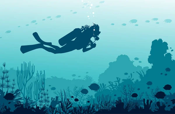 Silhouette Plongeur Nageant Près Récif Corallien Poissons Sur Fond Bleu — Image vectorielle