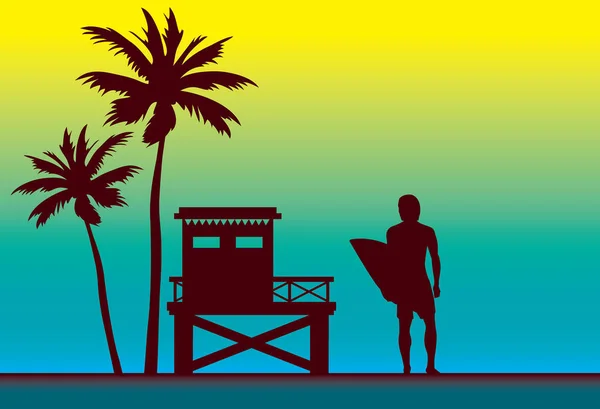 Sommer Vektorillustration Silhouette Von Surfer Rettungswache Und Palme Sportkarte Surfen — Stockvektor