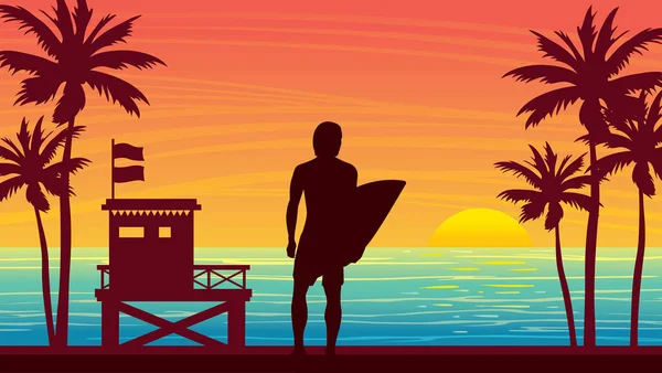 Naturlandschaft Mit Silhouette Von Surfer Rettungswache Und Palme Himmel Bei — Stockvektor