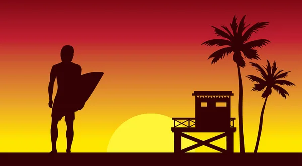 Silhouette Surfer Lifeguard Station Palm Tree Red Sunset Sky Summer — Stock Vector