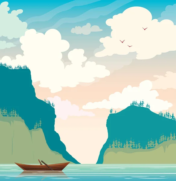 Summer vector landscape - boat, lake, cliffs. — Stock Vector