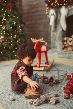 Çocuk çam kozalakları ile çalış