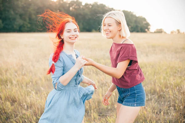 Dos Mejores Amigos Divirtiéndose Campo Bajo Luz Del Sol —  Fotos de Stock