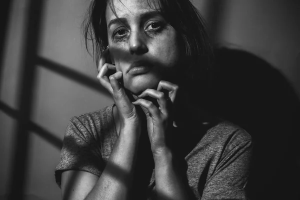 Scared Woman Dirty Face Black White Low Key — Stock Photo, Image