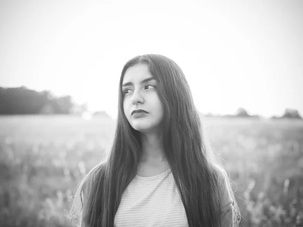 Jonge Brunette Vrouw Herfst Het Veld Bij Avond — Stockfoto