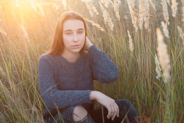 Güzel Genç Kadın Güneş Işığında Yüksek Çim Oturan — Stok fotoğraf