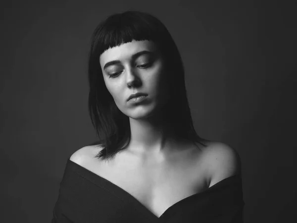 Sad Young Woman Studio Black White — Stock Photo, Image