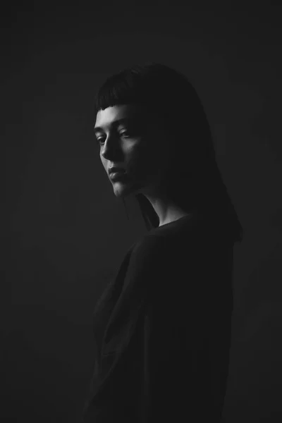 Unusual Young Woman Black Background Studio Portrait — Stock Photo, Image