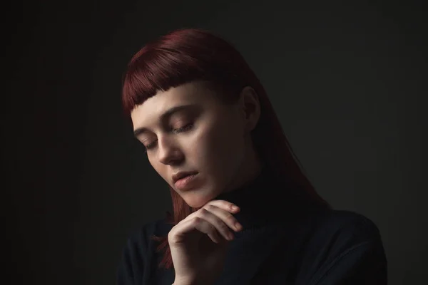 Portrait Calm Young Woman Low Key — Stock Photo, Image