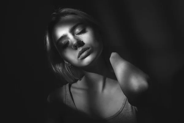 Portrait Young Female Deep Shadows Black White — Stock Photo, Image