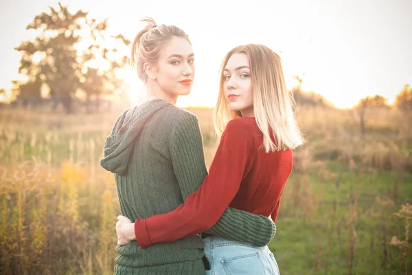 Dos Mejores Amigos Caminando Campo Atardecer Abrazándose — Foto de Stock