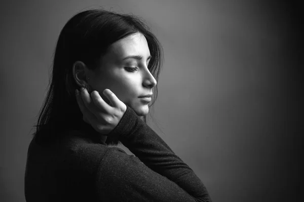 Retrato Mulher Morena Atraente Preto Branco Perfil — Fotografia de Stock