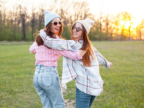 Dois Melhores Amigos Caminhando Campo Pôr Sol — Fotografia de Stock