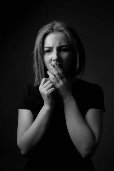 Portrait Worried Young Woman Black White — ストック写真