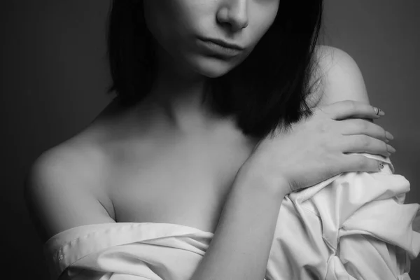 Portrait Beautiful Young Woman Bare Shoulders Black White — Stock Photo, Image