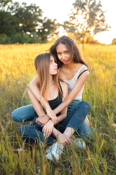 İki çekici kız gün ışığında çimlerin üzerinde oturuyorlar. En iyi arkadaşlar