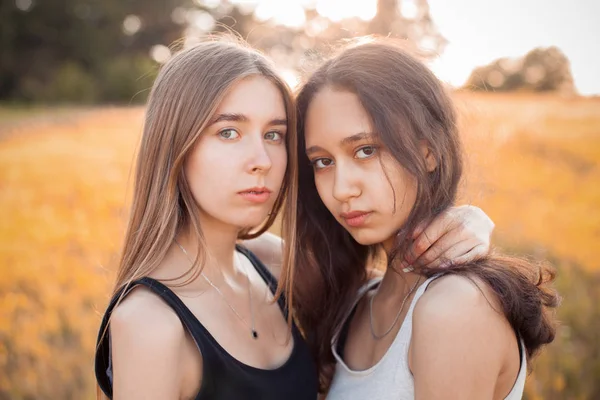 Dos Chicas Jóvenes Posando Campo Durante Puesta Del Sol —  Fotos de Stock