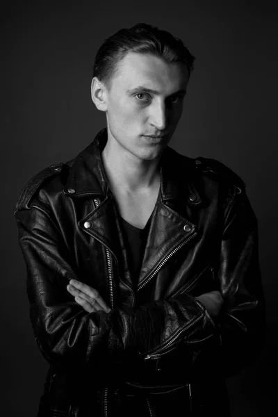 Young Man Leather Jacket Studio Portrait Black White — Stock Photo, Image