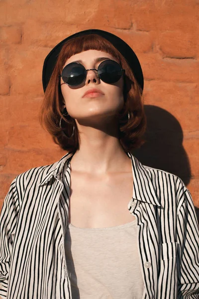 Portrait Young Woman Striped Shirt Orange Wall — Stock Photo, Image