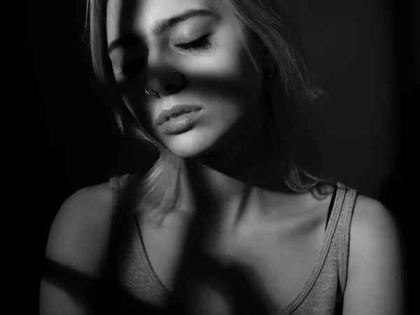 Portrait Sad Girl Deep Shadows Black White Low Key — Stock Photo, Image