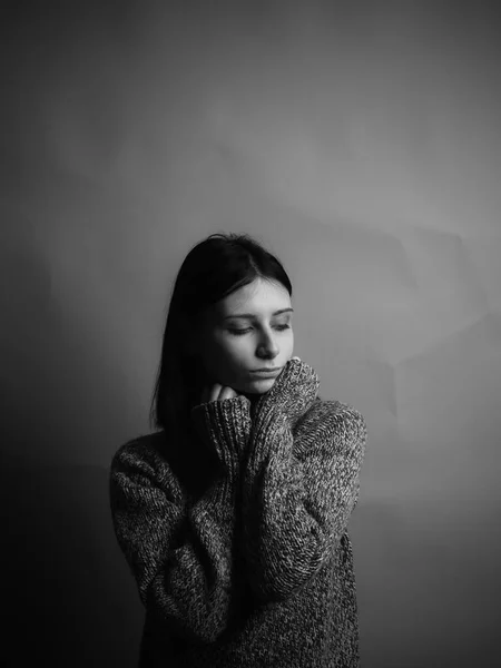 Sad Young Woman Sweater Gray Background Black White — Stock Photo, Image