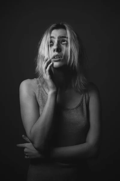 Portrait Scared Young Woman Smeared Make Black White — Stock Photo, Image