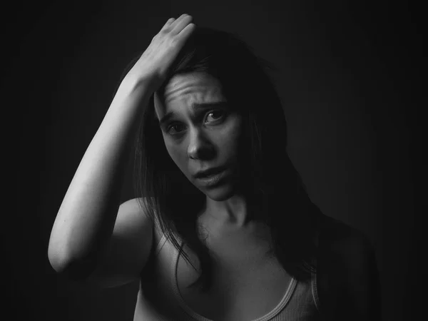 Portrait Sad Young Woman Low Key Black White — Stock Photo, Image