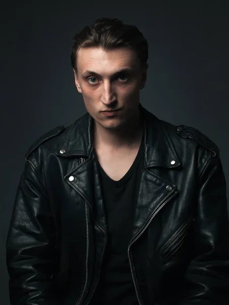 Portrait Young Serious Man Leather Jacket Studio — Stock Photo, Image