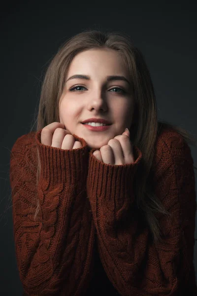 Portrait Gentle Young Woman Red Sweater — Stock Photo, Image