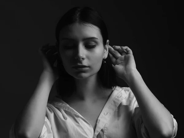 Elegant Brunette Woman Touching Her Hair Black White — Stock Photo, Image