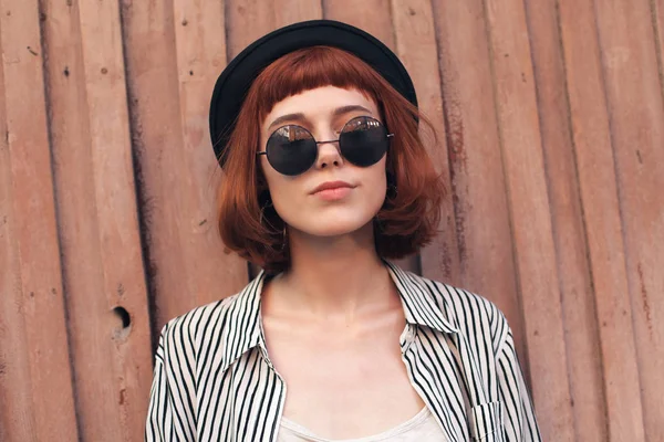 Young Woman Red Hair Posing Wooden Background — Stock Photo, Image