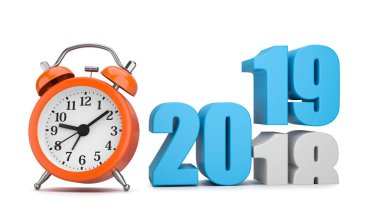 Mavi 2019 yıl numarası metin 2018 üstüne beyaz turuncu çalar saat ile 3d resimde arka plan. Zaman geçer kavramı
