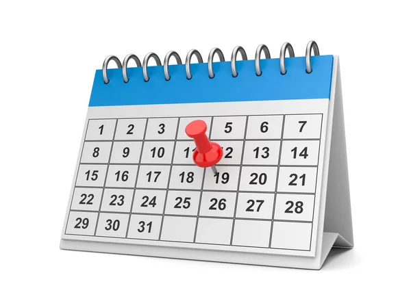 Red Pushpin Blue White Desk Calendar White Background Illustration — Stock Photo, Image